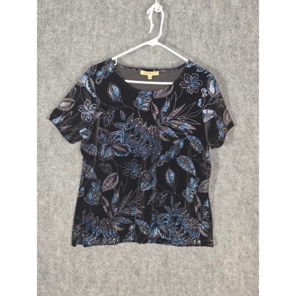 Notations Women Velvet Glitter Floral Top Black Blue Short Sleeve XL Work Office